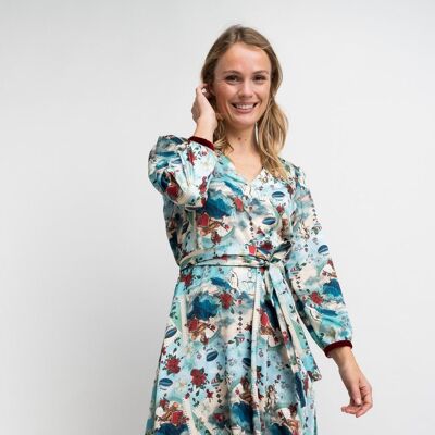 Turquoise women's MIDI DRESS with red flowers - CARDIGAN