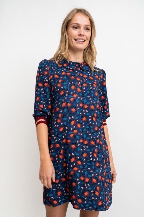 VESTIDO mujer azul con flores rojas - FREEWHITE