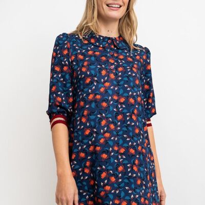 Blaues Damenkleid mit roten Blumen – FREEWHITE