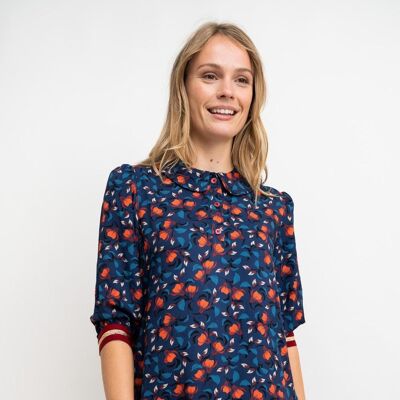 Blue women's DRESS with red flowers - FREEWHITE
