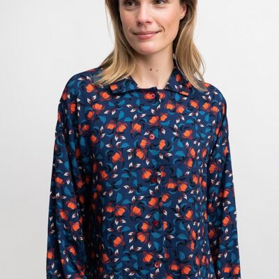 Blue woman's BLOUSE with red flowers - FREEWHITE