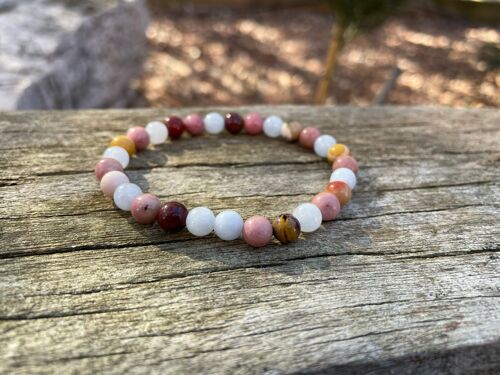 Bracelet spécial problèmes Thyroïdiens en Jaspe Mokaïte ou Mookaite, Rhodochrosite et Aigue Marine