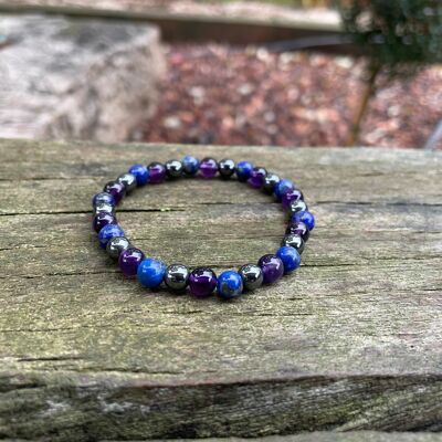 Bracelet migraine et maux de tête en Hématite, Lapis Lazuli et Améthyste