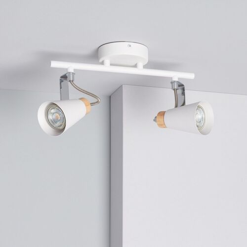 Ledkia Lámpara de Techo Orientable Metal y Madera 2 Focos Mara Blanco