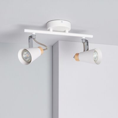 Ledkia Adjustable Ceiling Lamp Metal and Wood 2 Spotlights Mara White
