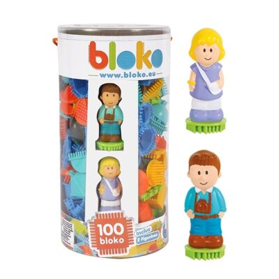 Tube 100 Bloko mit 2 3D-Familienfiguren – ab 12 Monaten – hergestellt in Europa – Konstruktionsspielzeug für das 1. Alter – 503664