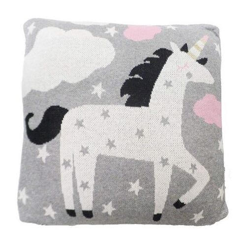 Unicorn Rocks knitted cushion