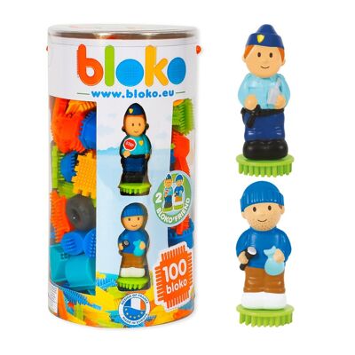 Tube 100 Bloko with 2 3D Police and Thief Figures – From 12 Months – Made in Europe – 1st Age Construction Toy – 503666