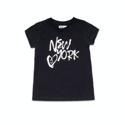 T-shirt nera in maglia per bambina One day in NYC - KG04T603X1