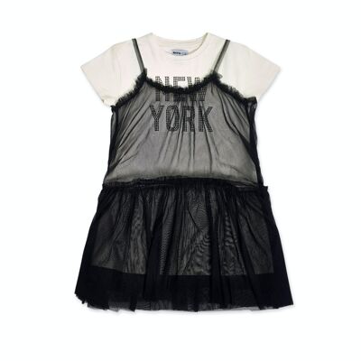 Schwarz-weißes Tüll-Strickkleid für Mädchen „One Day in NYC“ – KG04D602W1