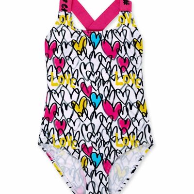 Costume intero stampato bianco per bambina Rebel Girl - KG04W102W1