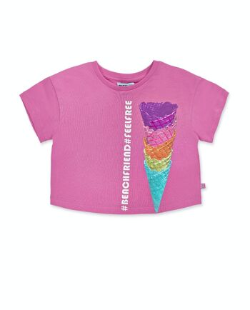 T-shirt rose en maille pour fille Paradiso beach - KG04T304P1 1