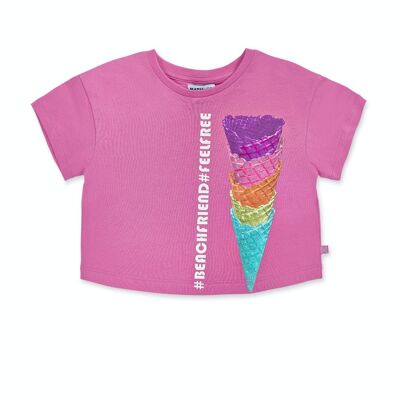 Pink knit t-shirt for girl Paradiso beach - KG04T304P1