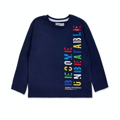 Long navy blue knit t-shirt for boy Your game - KB04T307N1