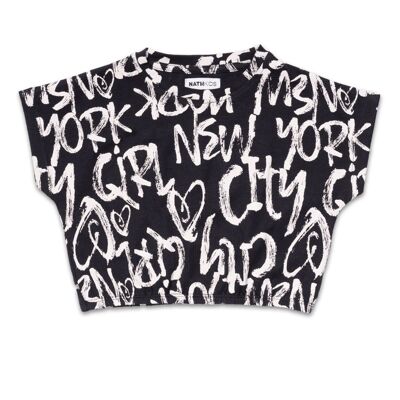 Schwarzes bedrucktes Strick-T-Shirt für Mädchen „One Day in NYC“ – KG04T609X1