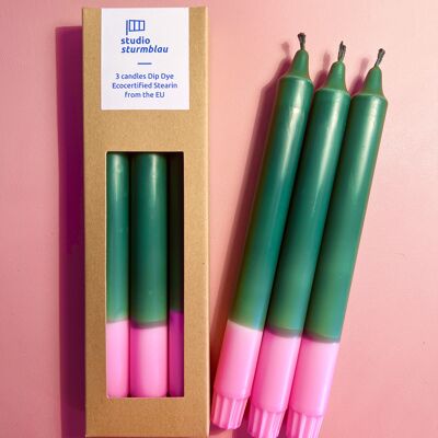 3 large dip dye stearin candles in dark green*pink in packaging