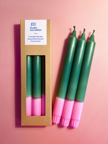 3 grandes bougies stéarine dip-dye en vert foncé*rose dans l'emballage 1