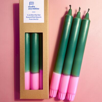 3 large dip dye stearin candles in dark green*pink in packaging