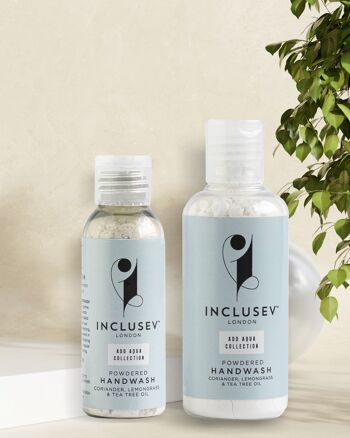 Inclusev Luxury Eco Hand Wash Powder - Naturel hydratant, végétalien, moussant, sans savon, adapté au camping et aux voyages, fabriqué au Royaume-Uni ADD AQUA Technology. Jusqu'à 180 lavages Huile de coriandre, citron et arbre à thé 50g 1