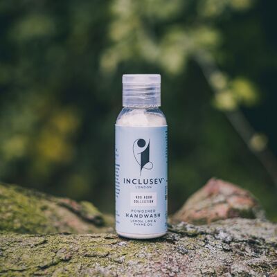 Inclusev Luxury Eco Hand Wash Powder - Hydrating Natural, Vegan, Foaming, Soap-Free, Camping & Travel-friendly, UK Made ADD AQUA Technology. Up to 90 Washes Lemon, Lime and Thyme 25g