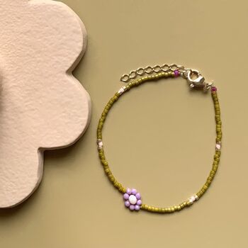 Bracelet Marguerite - Ocre foncé + fleur Lilas 1