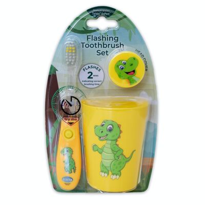 B-brite Flashing toothbrush set 3-piece dino