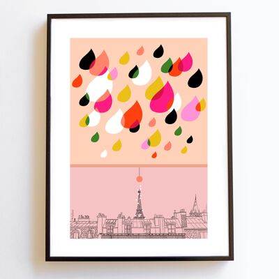 Parisian Rain Poster Eiffel Tower Paris Rooftops Pink A3