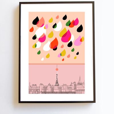 Poster Pioggia parigina Tetti della Torre Eiffel di Parigi Rosa A3