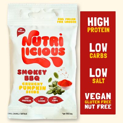 Nutrilicious Smokey BBQ Pumpkin Seeds - Vegano, bajo en carbohidratos y cetogénico, alto en proteínas, bajo en sal, sin gluten, sin nueces