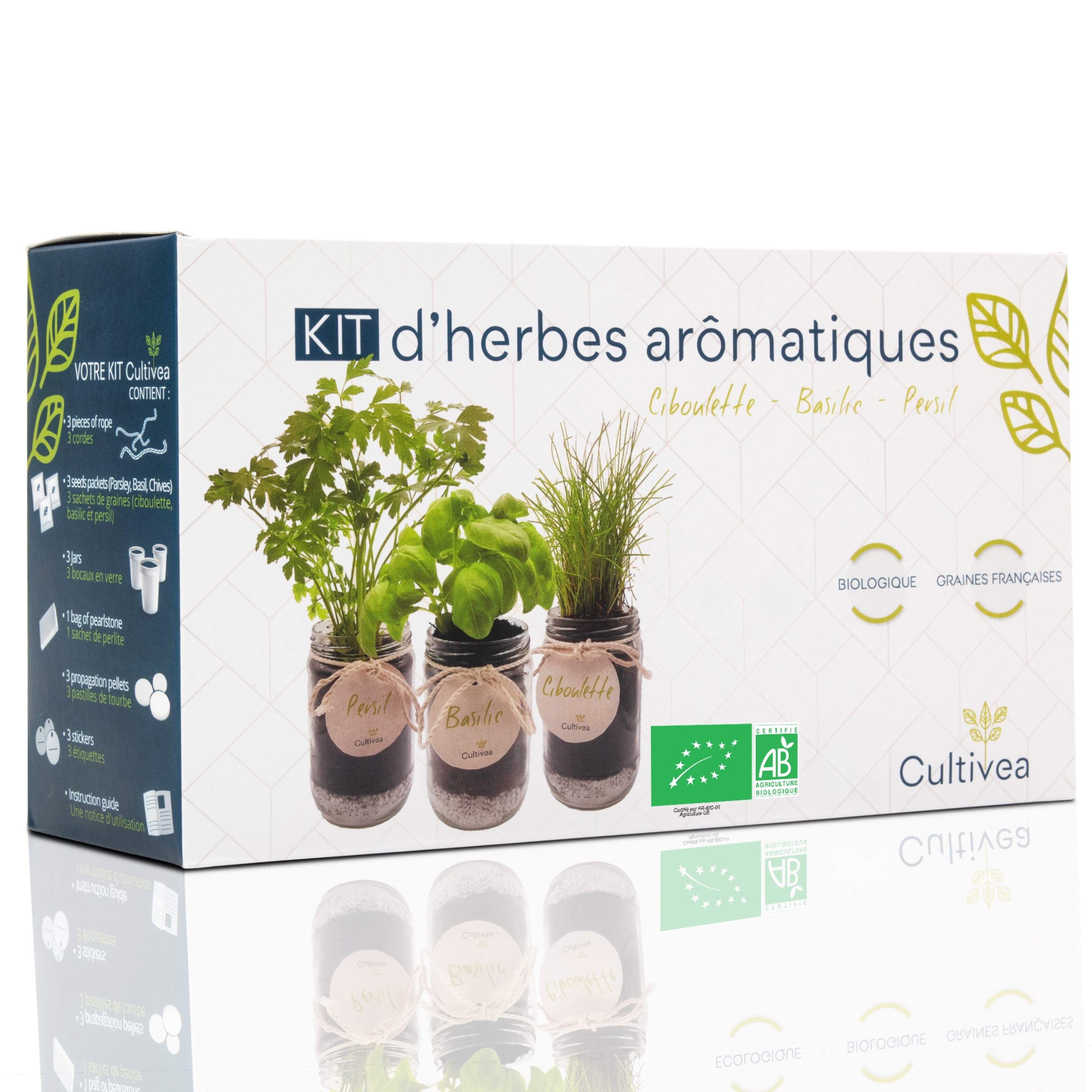 CULTIVEA® Kit Herbes Aromatiques Intérieur Bio* – Basilic, Persil et Ciboulette à Faire Pousser – Mini Potager Intérieur avec Bocaux en Verre – Kit Plantes Aromatiques – Idée Cadeau