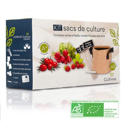Kit Prêt à Pousser Sacs de Culture BIO* - Tomates, Radis, Fraises
