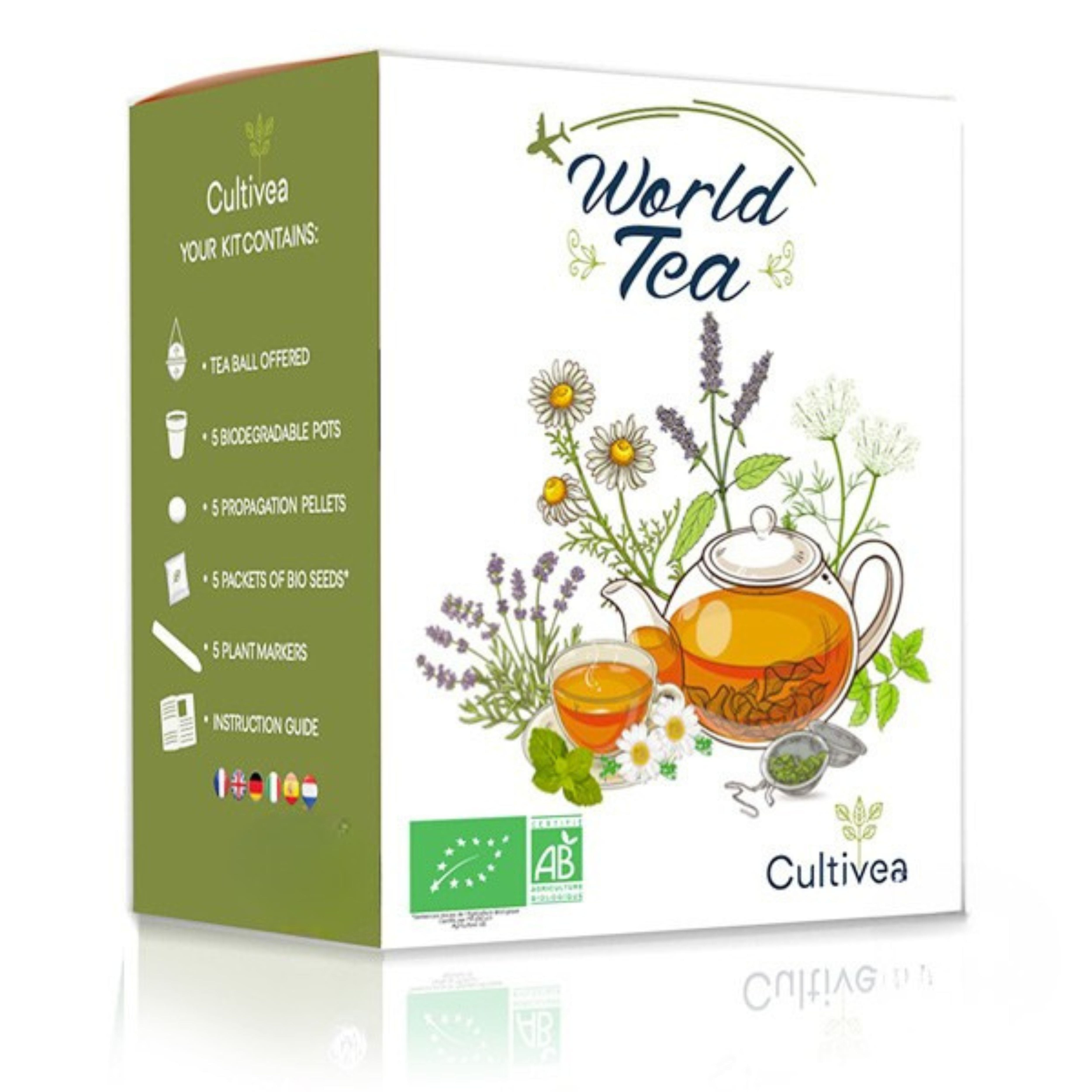 CULTIVEA® Kit Tisanes et Infusions Bio à Planter – Thés du Monde – Menthe, Camomille, Agastache, Anis Vert et Thé des Jardins – Kit Prêt à Pousser Complet – Idée Cadeau