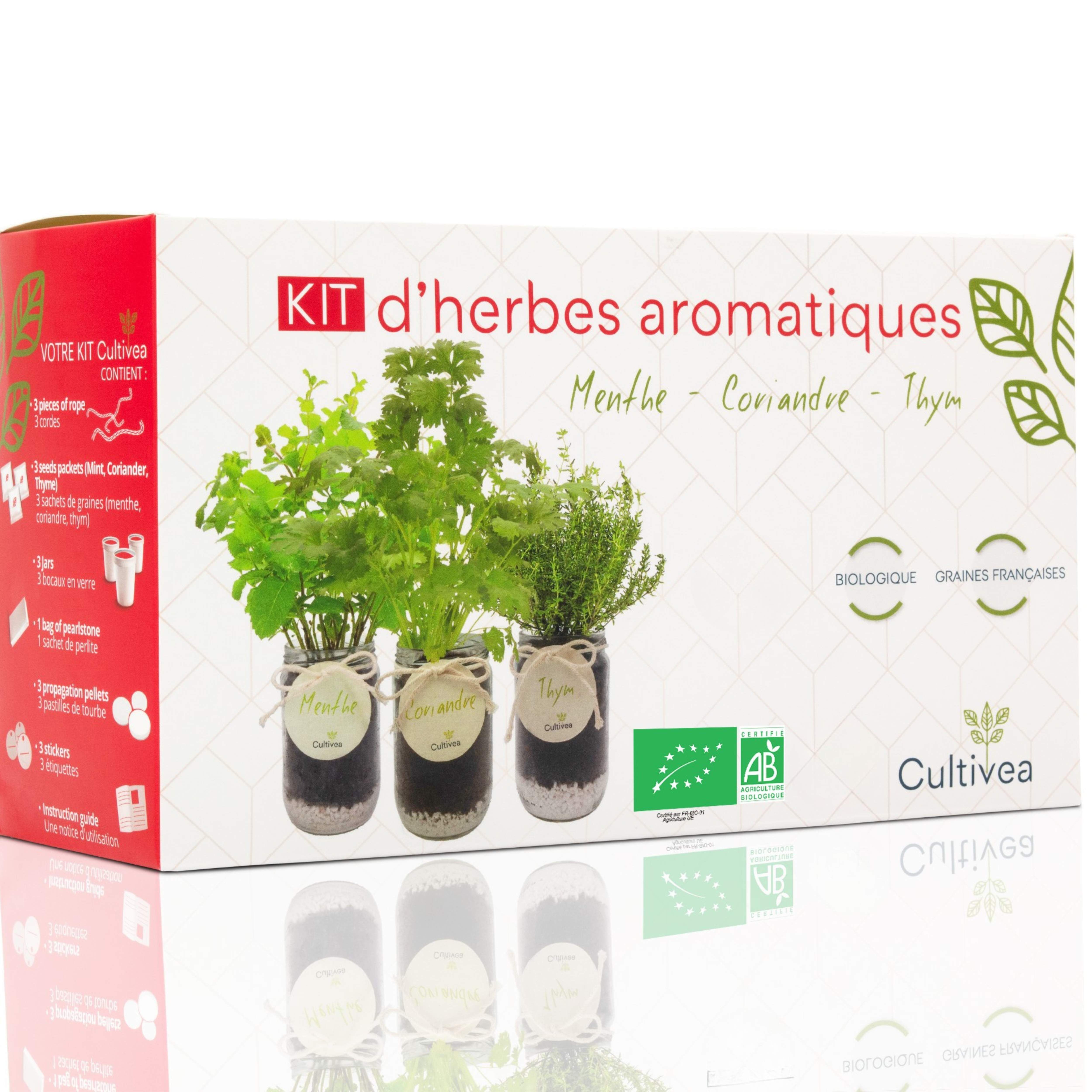 CULTIVEA® Kit Herbes Aromatiques Intérieur Bio* – Menthe, Coriandre et Thym à Faire Pousser – Mini Potager Intérieur avec Bocaux en Verre – Kit Plantes Aromatiques – Idée Cadeau