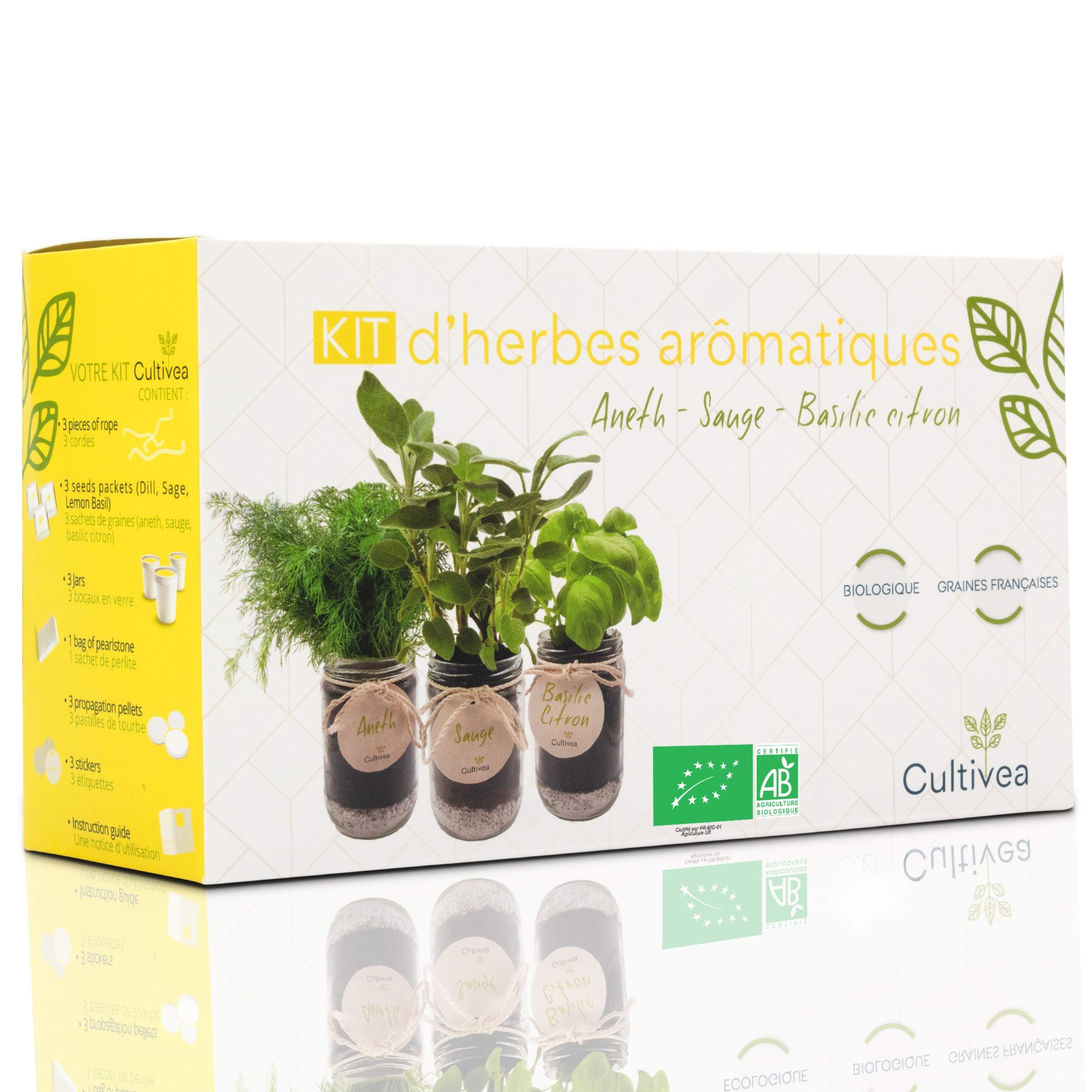 CULTIVEA® Kit Herbes Aromatiques Intérieur Bio – Aneth, Sauge et Basilic Citron à Faire Pousser – Mini Potager Intérieur avec Bocaux en Verre – Kit Plantes Aromatiques – Idée Cadeau