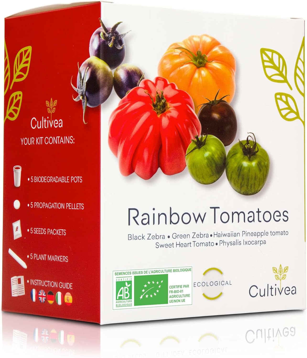 Cultivea® Mini - Kit Prêt à Pousser Tomates colorées - Graines bio - Idée Cadeau (Black Zebra, Green Zebra, Hawaiian Pineaple,Coeur de Boeuf, Physalis Ixocarpa) - Kit Semis Tomates Complet