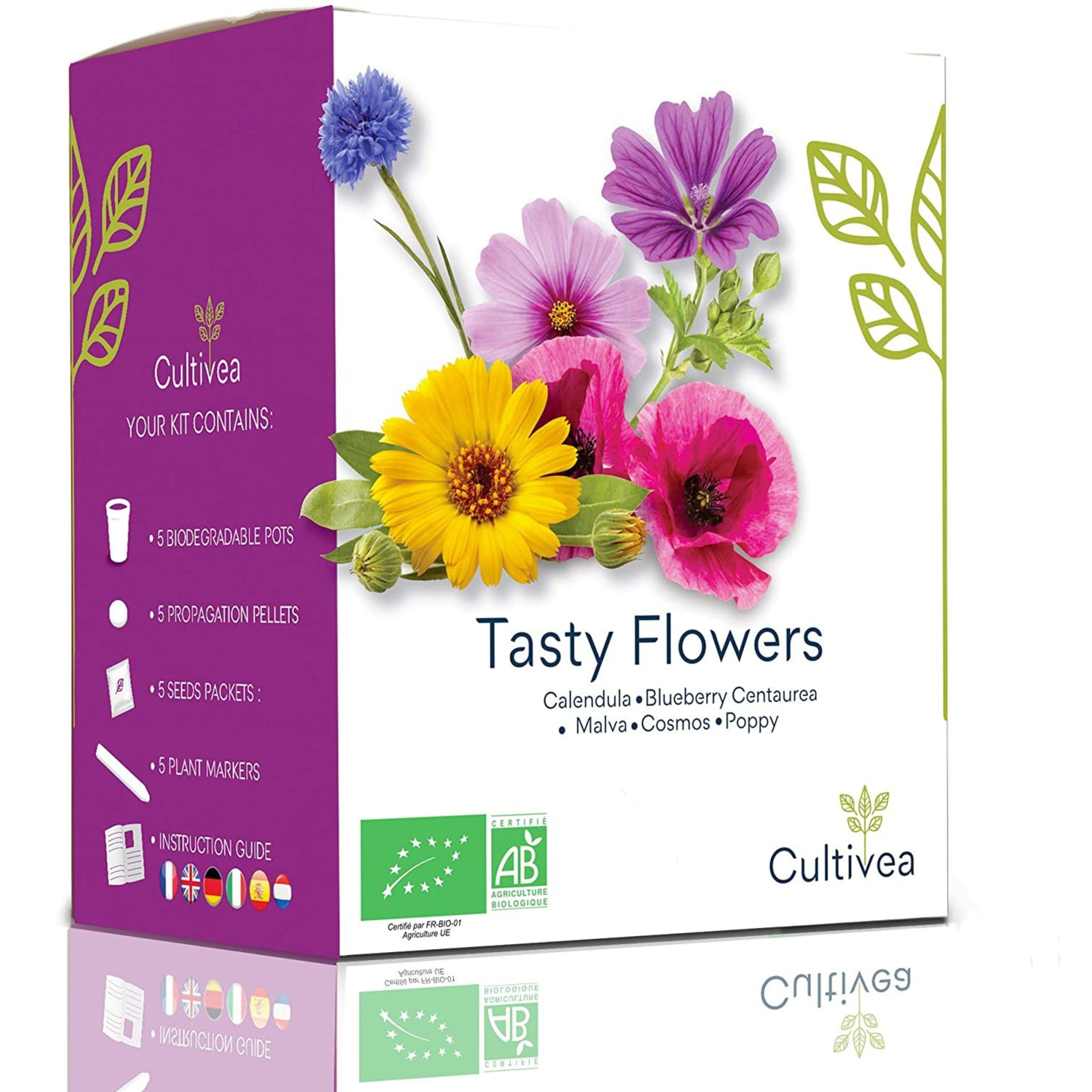 CULTIVEA® Mini Kit Prêt à Pousser Fleurs Comestibles Bio – Coffret Graines à Planter avec Cosmos, Calendula, Bleuet, Malva et Coquelicot – Kit Graines Complet – Idée Cadeau Jardin, Noël