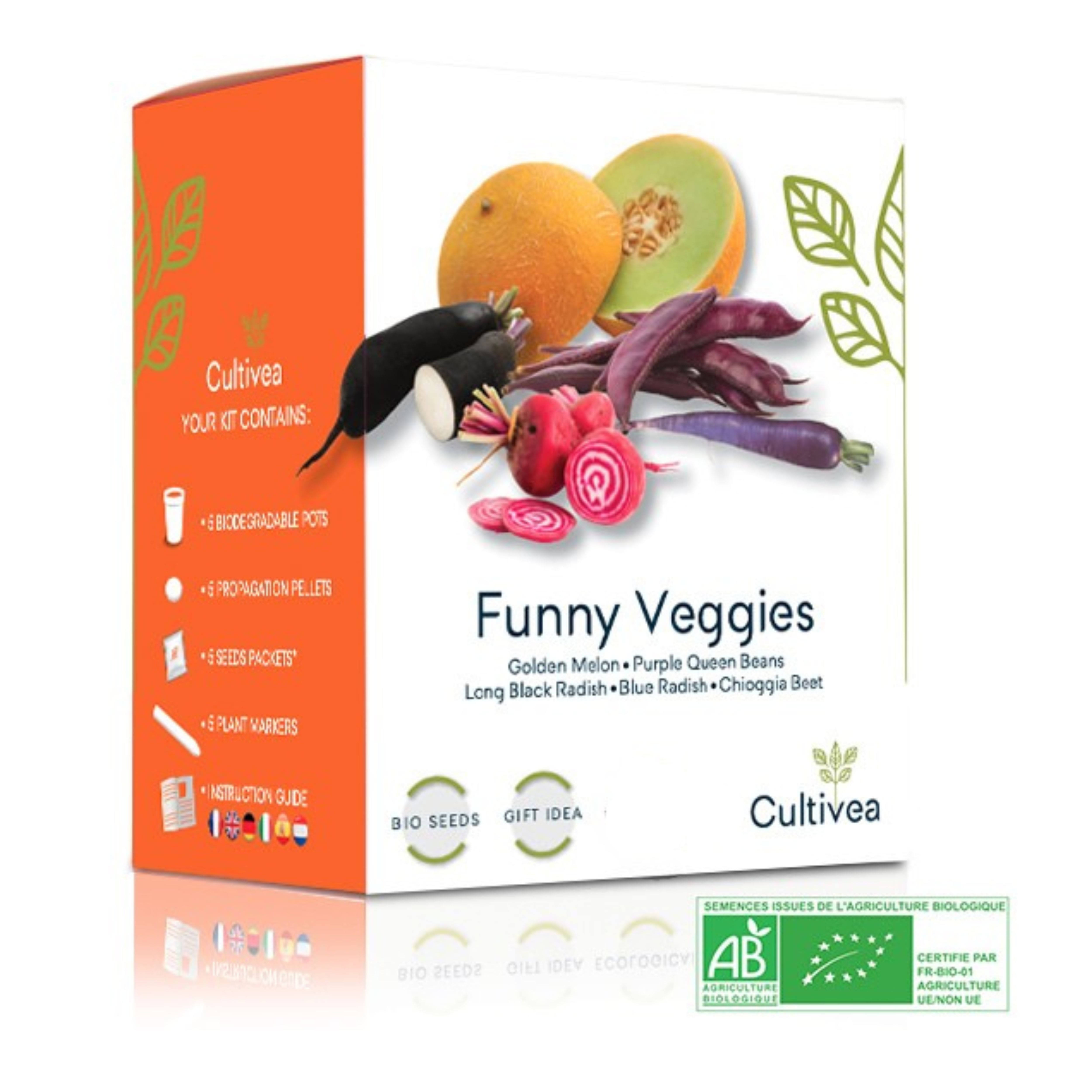 CULTIVEA® Kit Légumes Insolites Bio – Assortiment de Graines Potager (Melon Boule d'Or, Haricot Nain Violet, Radis Noir, Radis Bleu, Betterave Chioggia) – Kit Graines Potager Complet – Idée Cadeau
