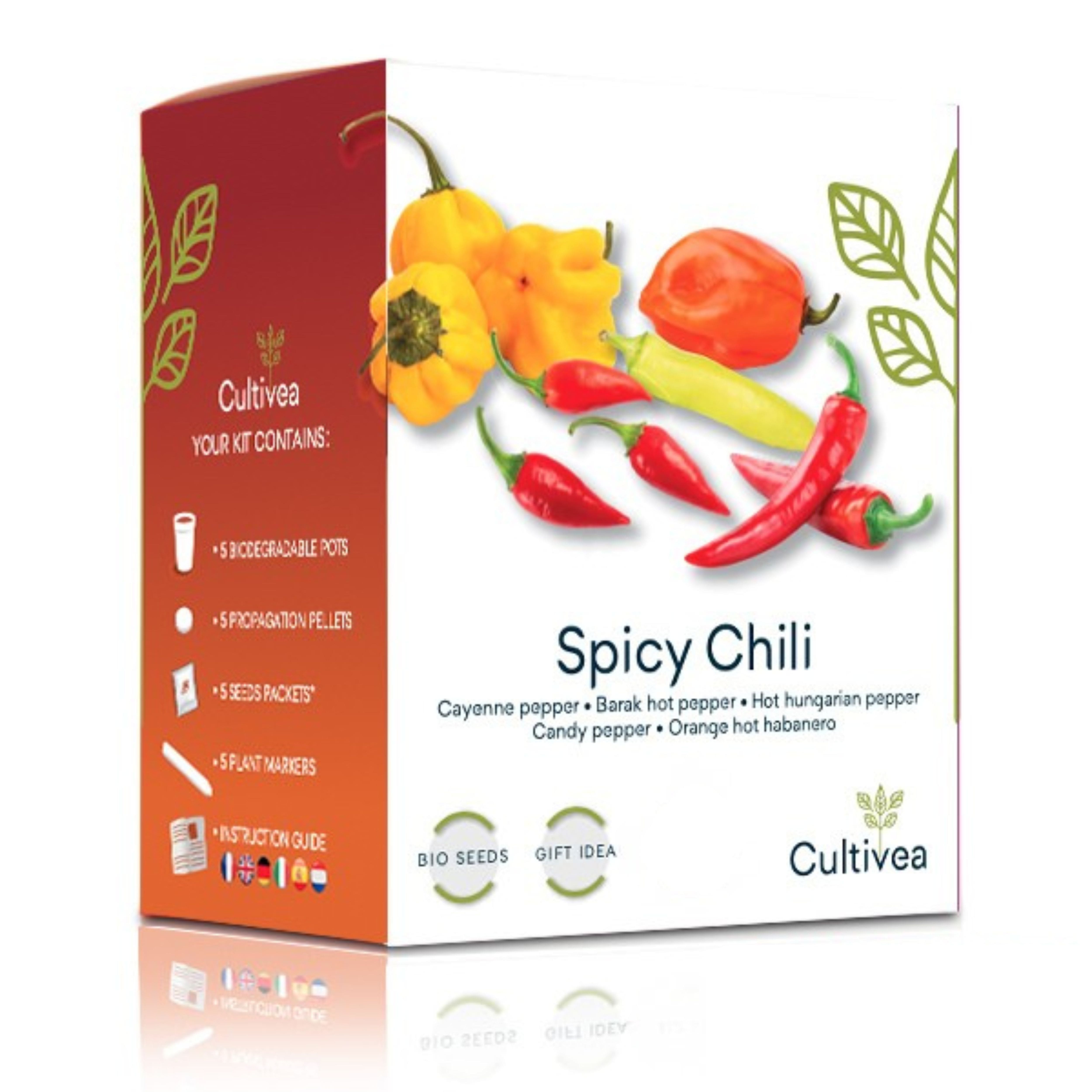 Cultivea® Kit Prêt à Pousser Piment - Graines bio - Coffret Graines - Idée Cadeau (Piment de Cayenne, Piment Fort Barak, Piment Hungarian, Piment Bonbon, Piment Habanero Orange) - Kit Graine Potager