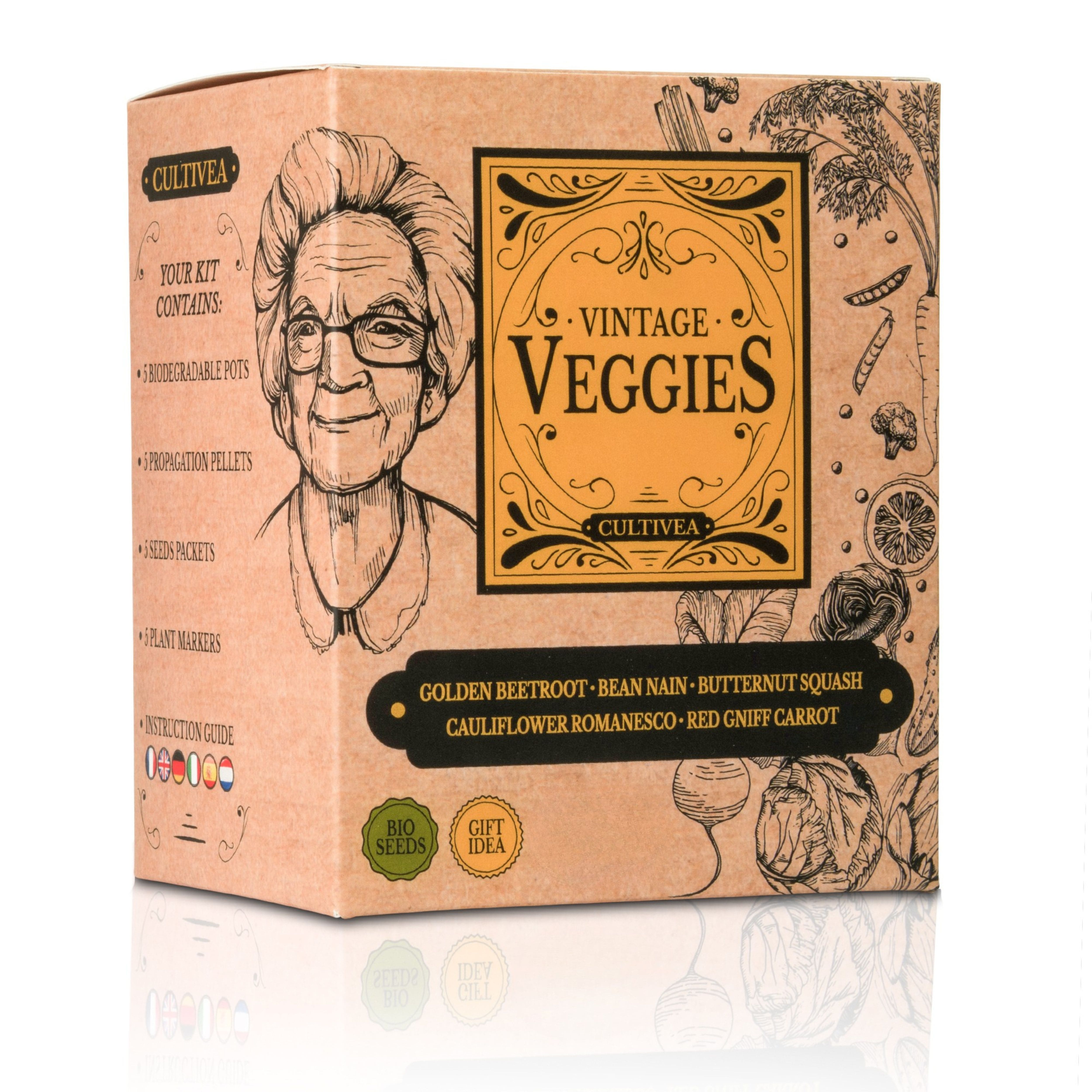 CULTIVEA® Kit Prêt à pousser Légumes Oubliés Bio – Kit Graines Potager (Betterave Jaune, Haricot Nain, Chou-Fleur Romanesco, Carotte Rouge, Courge Butternut) – Coffret Graines à Planter – Idée Cadeau