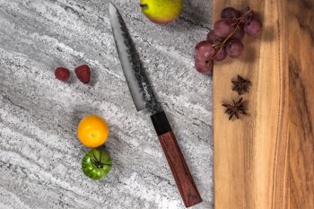 Couteau universel Sayuto Séquoia San Mai martelé 15cm 3