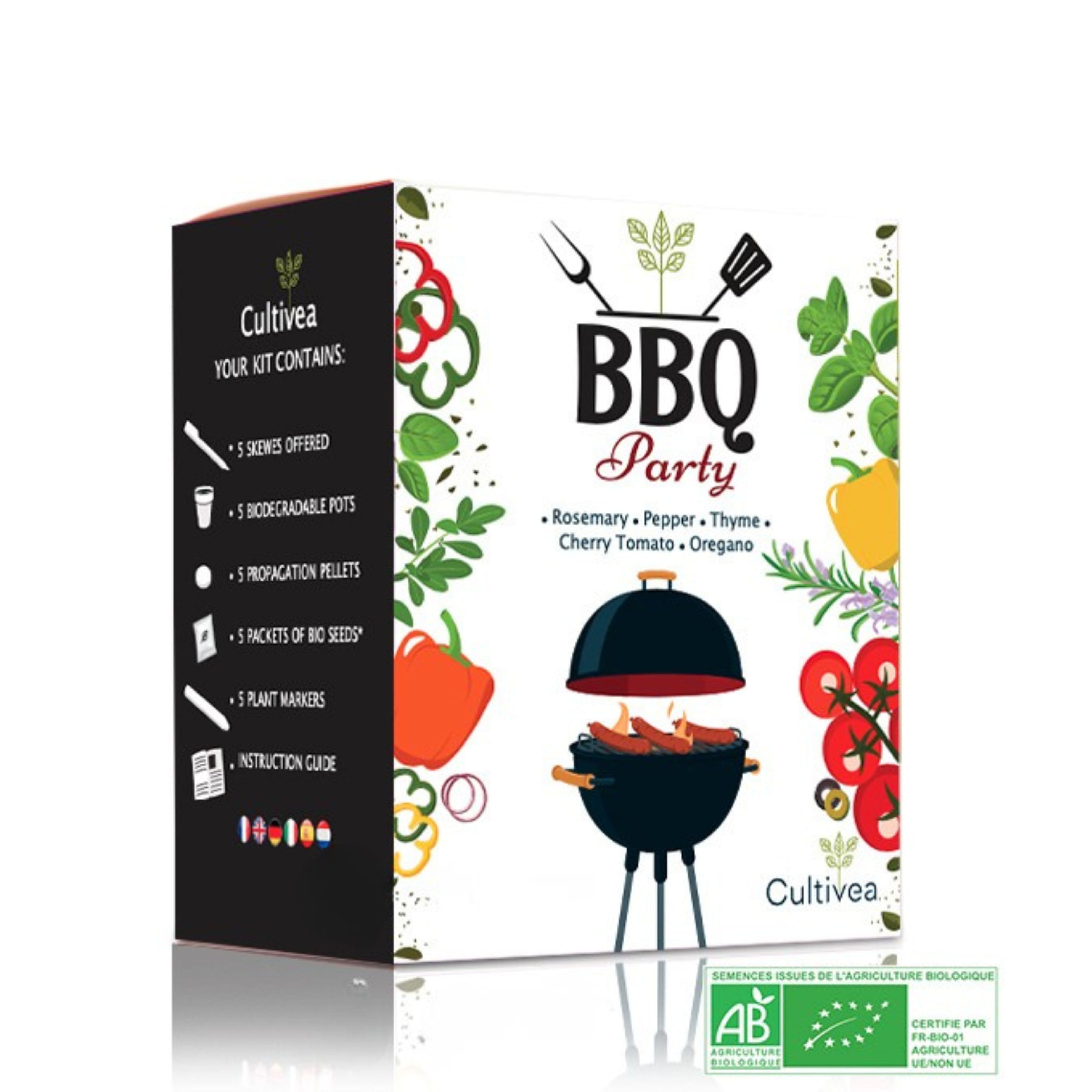 CULTIVEA® Mini Kit BBQ Party - Kit Aromates et Légumes Bio à Planter – Romarin, Thym, Origan, Tomate Cerise et Poivron – Kit Potager Aromatique – Idée Cadeau