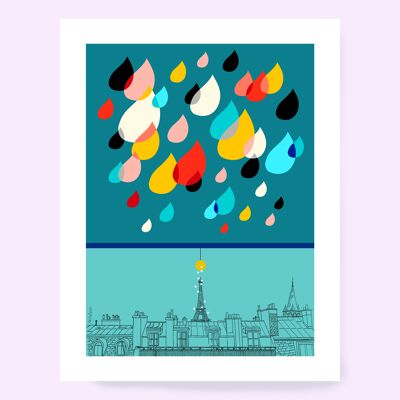 Poster Parisian Rain Eiffel Tower roofs of Paris Blue A4