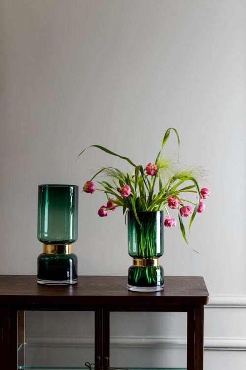 Retro futurist, luxury green glass vase with gold TRI 36 GE
