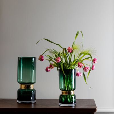 Retro futurist, luxury green glass vase with gold TRI 36 GE