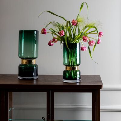 Retro futurist, luxury green glass vase with gold TRI 36 GE
