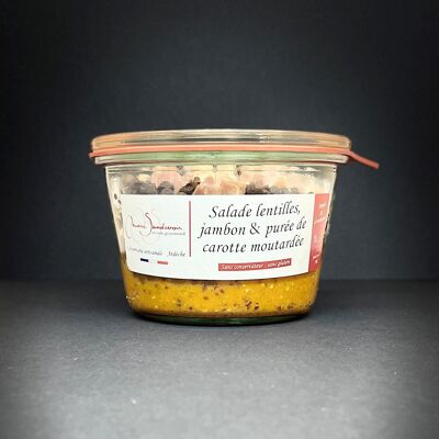 Lentil salad, ham & mustard carrot purée