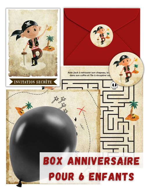 Box anniversaire Pirate | Pour une fête de pirate inoubliable | Invitations, cadeaux invités, pochettes surprises et jeux inclus | Box enfant 5 à 10 ans