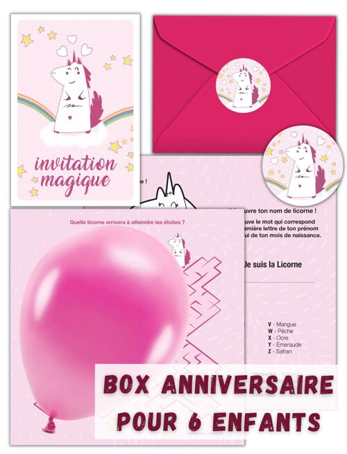 Box anniversaire Licorne | Pour une fête de Licorne inoubliable | Invitations, cadeaux invités, pochettes surprises et jeux inclus | Box enfant 5 à 10 ans
