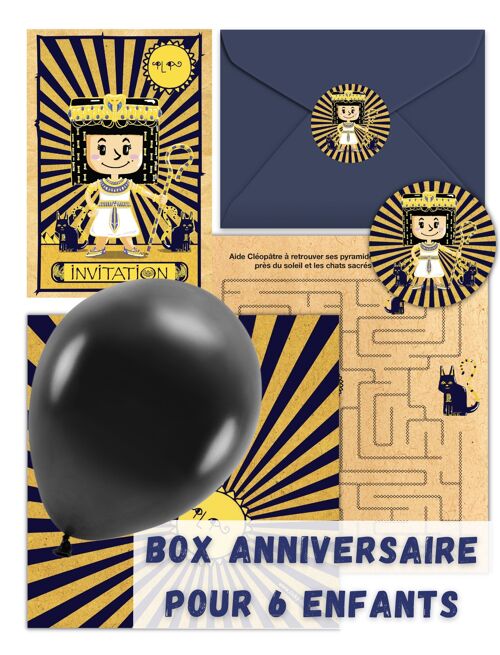 Box anniversaire Cléopâtre | Pour une fête Egypte Antique inoubliable | Invitations, cadeaux invités, pochettes surprises et jeux inclus | Box enfant 5 à 10 ans