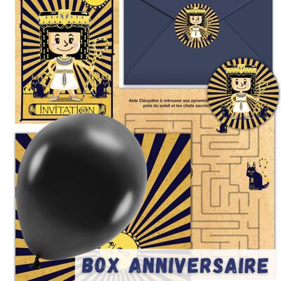 Box anniversaire Cléopâtre | Pour une fête Egypte Antique inoubliable | Invitations, cadeaux invités, pochettes surprises et jeux inclus | Box enfant 5 à 10 ans